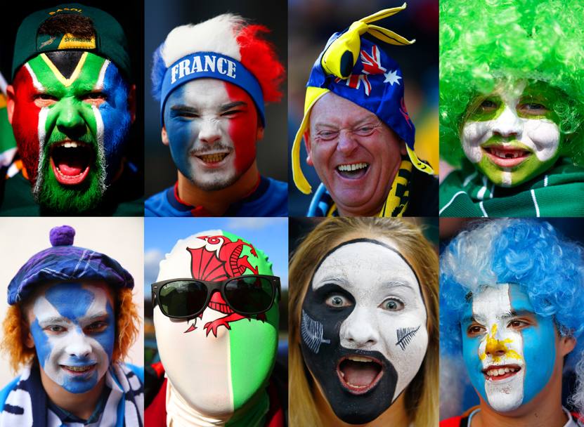 Le stravaganti e coloratissime facce dei tifosi delle otto nazionali di rugby che disputeranno i quarti di finale della Coppa del Mondo. Da sinistra in alto: Sudafrica, Francia, Australia, Irlanda. Poi da sinistra in basso: Scozia, Galles, Nuova Zelanda, e Argentina (Getty Images)